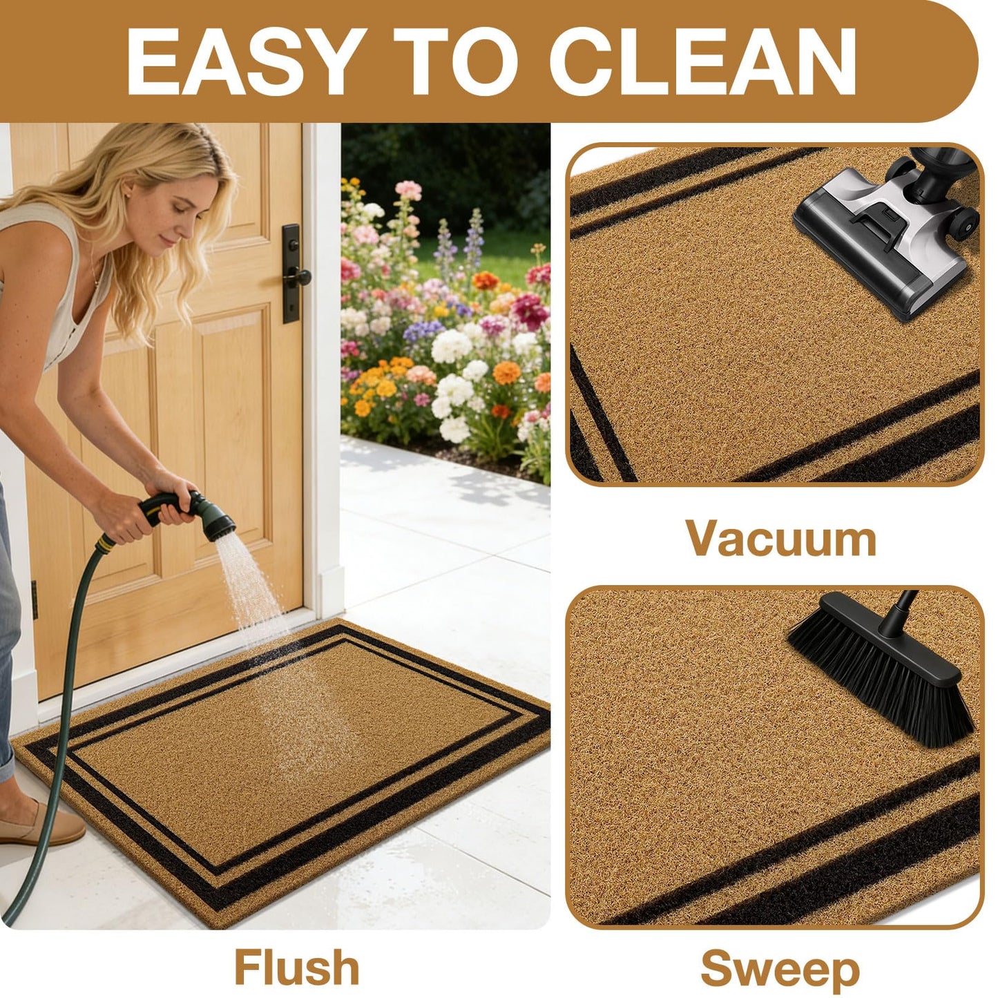 OLANLY Front Door Mat, Low Profile Doormat, Stain and Fade Resistant, Easy to Clean, for Indoor and Outdoor Entrances, Patio Porch or Entryway, Brown (59x34 Inch, Classic Border)