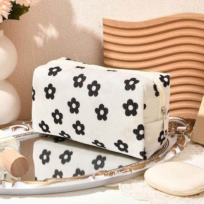 SOIDRAM 2 Pcs Makeup Bag Large Cosmetic Bag Toiletry Bag Makeup Pouch Travel Bag Organizer Cute Makeup Brushes Aesthetic Accessories Storage Bag for Women Black Floral Corduroy
