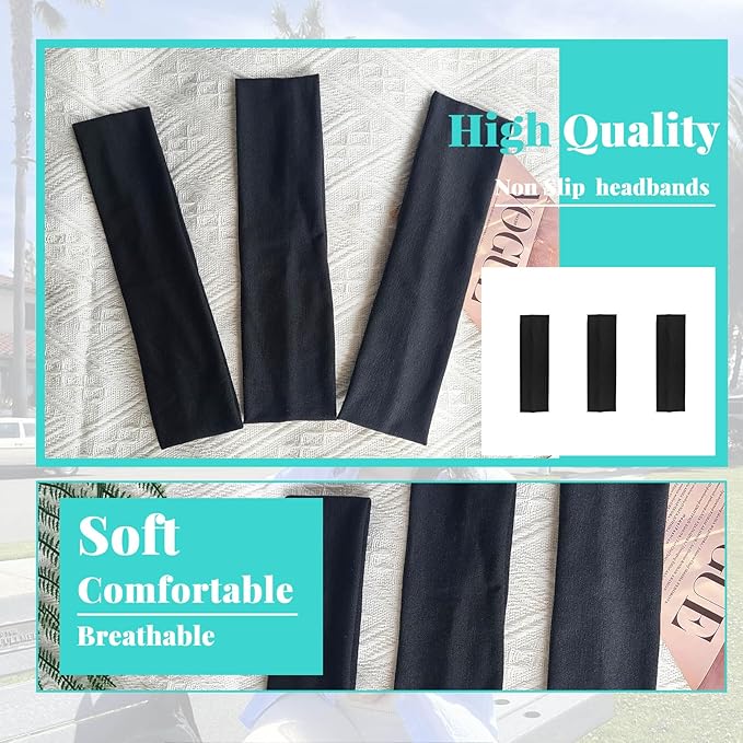 Black Headbands for Women Non Slip Head Bands for Women's Hair Elastic Womens Headbands Soft Cotton Cloth Fashion headband for Daily Workout Sports Running Yoga