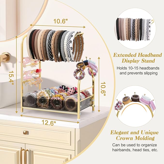 Keebofly Acrylic Hair Accessories Organizer, Versatile Headband Holder Stand for Scrunchies, Bows, Claw Clips, Hair Tie, Compact Hair Organizer Storage for Girls, Women, Babies, Amber & Gold-Plated