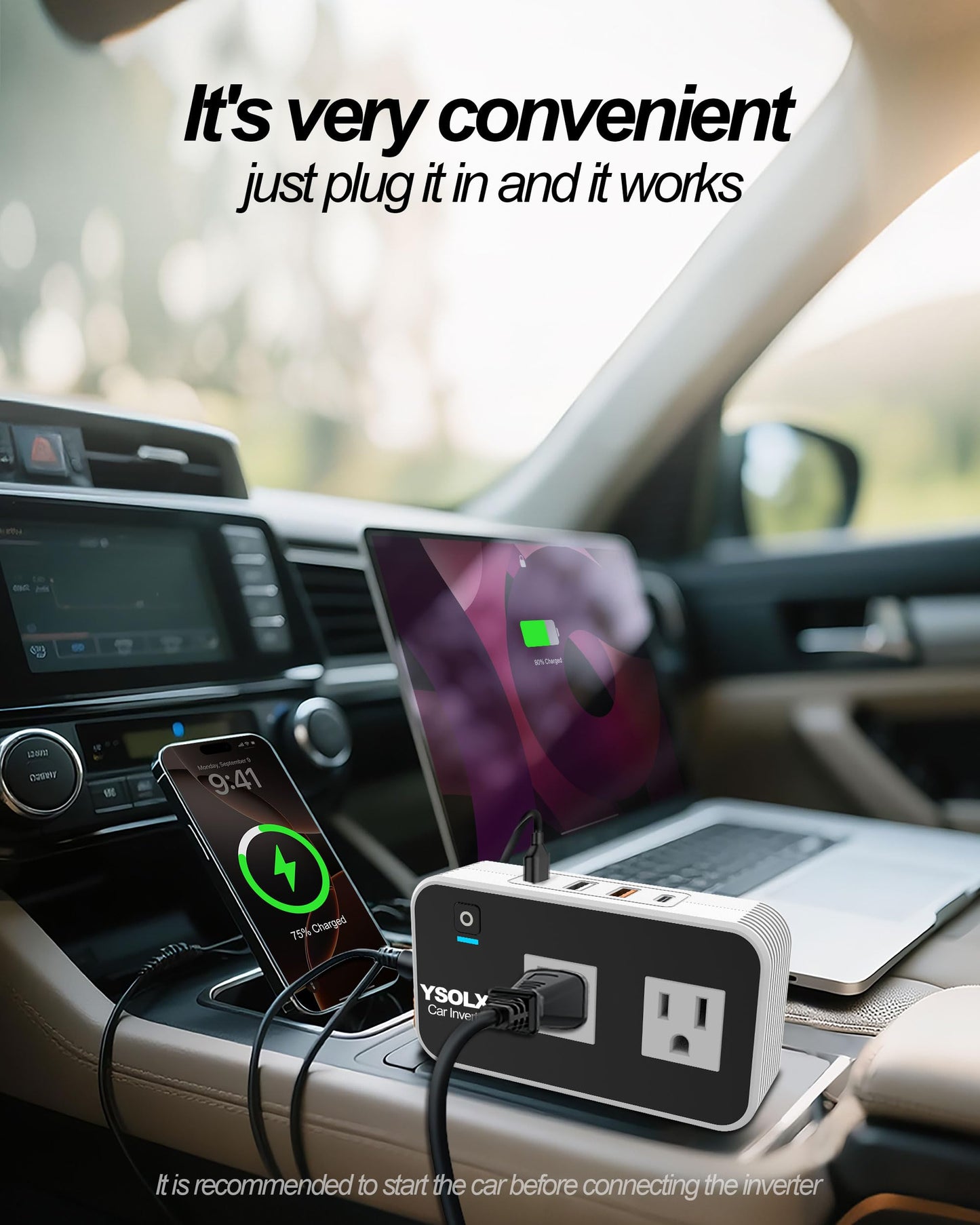 YSOLX 200W Car Power Inverter 12V to 110V for Vehicles, Car Plug Adapter Outlet with 4 USB Fast Charger, Car Charger Cigarette Lighter Adapter for Phone, Laptop on Road Trip