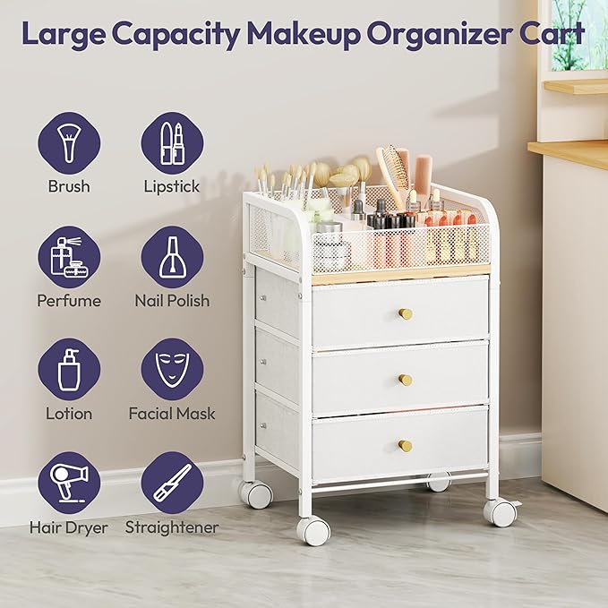 SWTYMIKI Rolling Makeup Organizer Cart - 14.96Ã¢ÂÂ³*11.81Ã¢ÂÂ³*23.03Ã¢ÂÂ³ Widened Under Desk Vanity Storage with 3 Non-woven Drawers, Cosmetic Display Cases for Skin Care Perfume Nail Polish Brush Hair Tool White