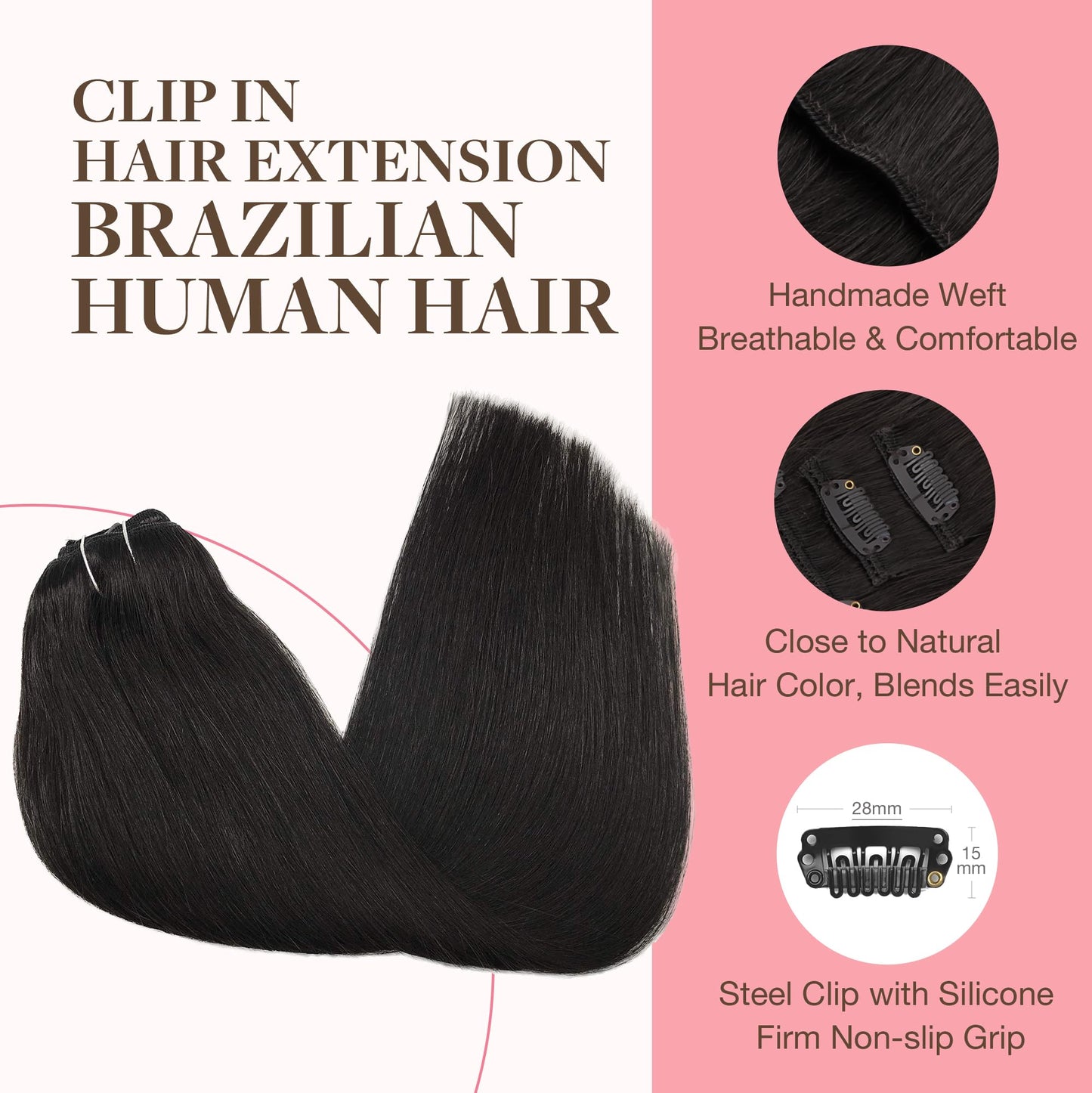 GOO GOO Clip in Hair Extensions Real Human Hair, Remy Human Hair Extensions Clip ins for Women, Natural Human Hair, 18inch 120g 7Pcs, 1B Natural black