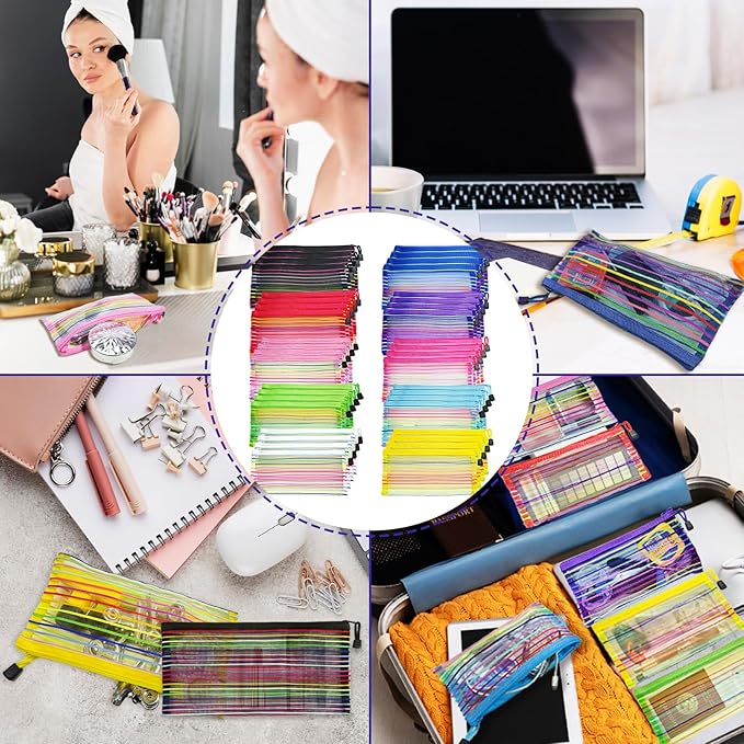Mesh Bags with Zipper (40 Pack), Small Nylon Makeup Bag Cosmetic Pouches Travel Organizer for Purse Diaper Bag Home Organizing Striped Mix 10 Colors