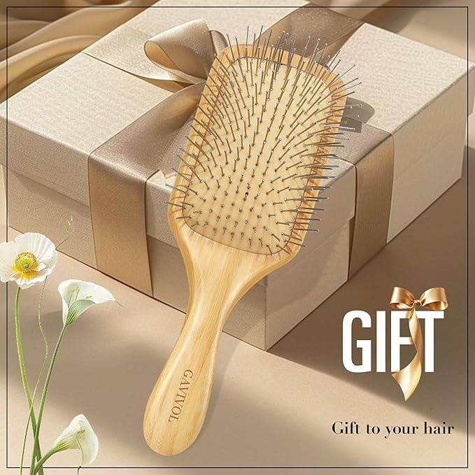 Bamboo Hair Brush for Men & Women Ã¢ÂÂ Natural Scalp Massager with Steel Bristles, Promotes Hair Growth, Anti-Static & Travel-Friendly, Wet Brush & Detangler (Kids/Adults)
