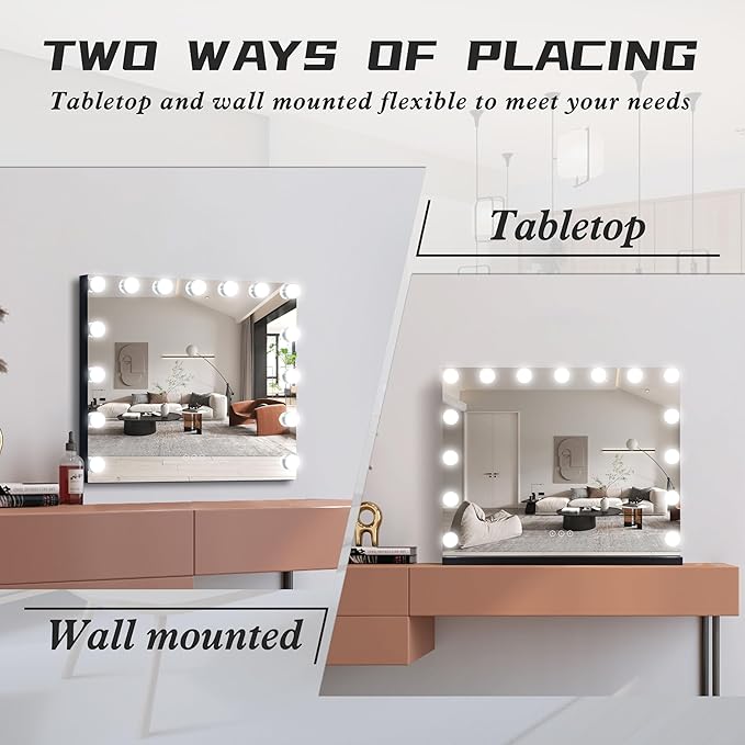 Vanity Mirror with Lights Lighted Makeup Mirror with 15 Dimmable LED Bulbs,3 Color Lighting Modes,USB Charging Port Touch Control,Sturdy Metal Frame Design 22.8x18 Inch,Black