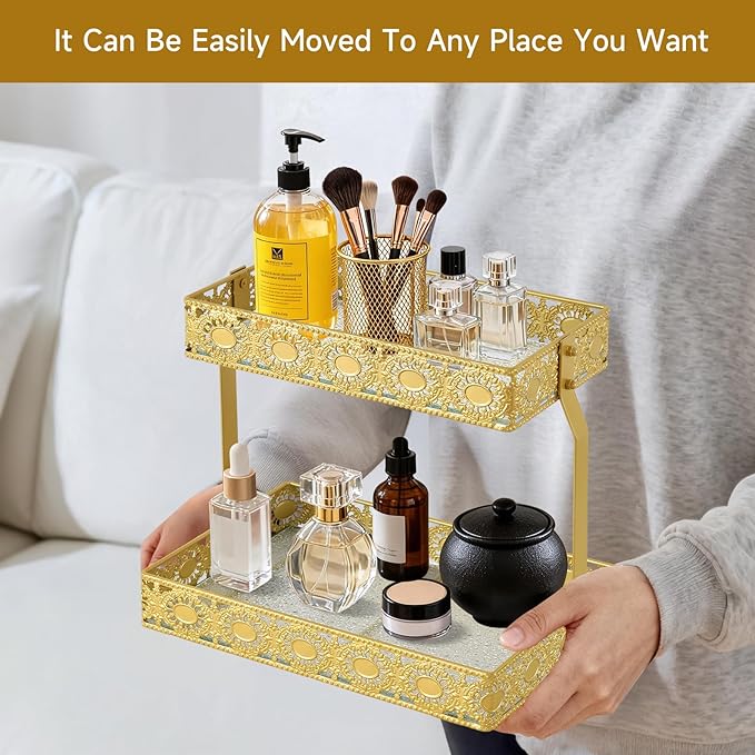 xiaojuande-Two Layer Glass Storage Tray with Portable Dressing Table Skin Care Product Organization Rack Corner Storage Rack for Bathroom Counter High-end Light Luxury Display Plate - Gold (Gold)