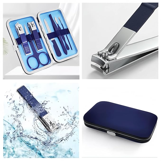 QURIPE 7pcs Manicure Set, Nail Clippers Kit, Stainless Steel Manicure Kit, Nail Clipping Tools Portable Travel Grooming Kit, The Best Gift with Luxurious Case (Blue)