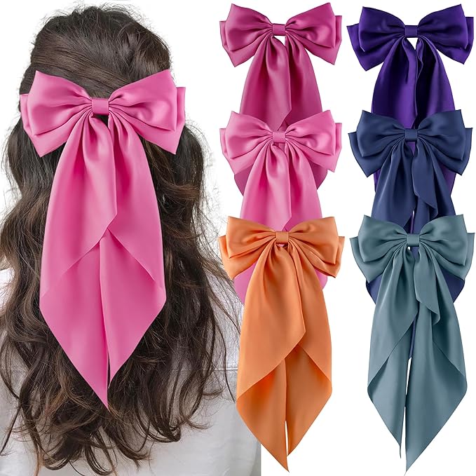 6Pcs Large Bows Hair Clips for Women Girls Long Tail Hair Ribbon Silky Satin Barrettes Coquette Hair Bows Accessories (Pink/Deepblue/Purple/Orange/Hot Pink)