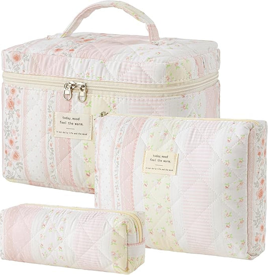 HBselect Quilted Makeup Bag, 3PCS Cotton Large Travel Makeup Bag, Cute Floral Coquette Make up Bag Cosmetic Bag Toiletry Bag for Women Girls