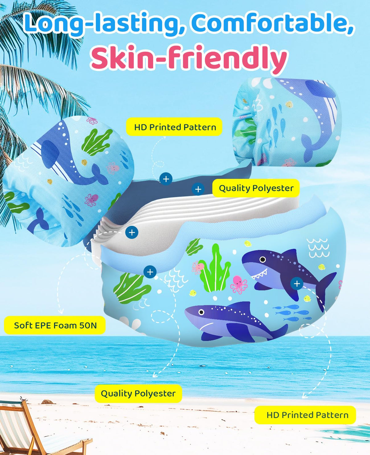HeySplash Swim Vest for Kids, Toddler Pool Floaties Fit 22-55 Lbs, Children Swimming Vest with Adjustable Strap, Swim Jacket Water Wings Arm, Puddle Sea Beach Boat Jumper Boys Girls, Blue Shark
