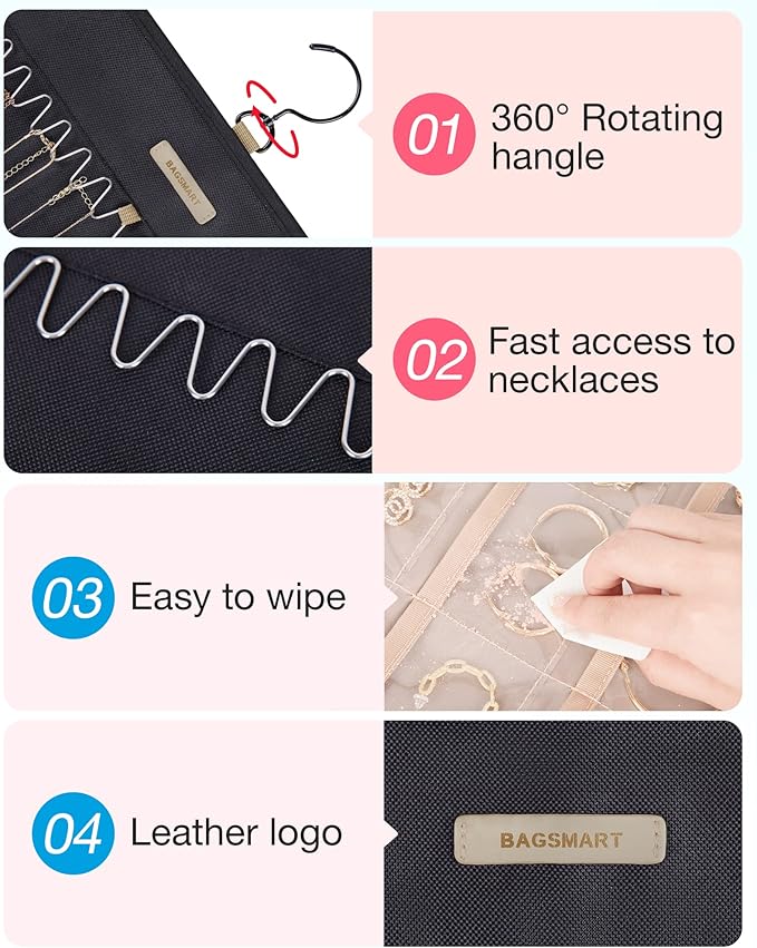 BAGSMART Hanging Jewelry Organizer Storage Roll with Hanger Metal Hooks Double-Sided Jewelry Holder for Earrings, Necklaces, Rings on Closet, Wall, Door, 1 piece, Medium, Black