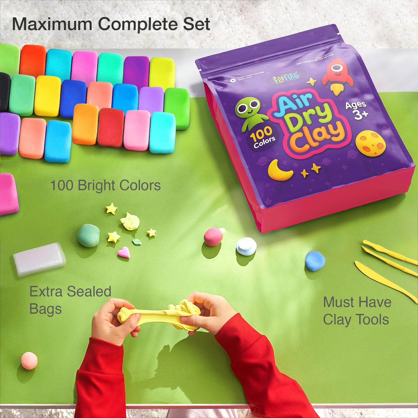 FlyFlag Air Dry Clay - 100 Colors, Ultra Light and Soft, Non-Toxic Modeling Clay for Kids with Tools and Tutorials, for Creative Play and Learning