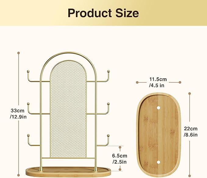 Jewelry Display Earring Stand Gold Organizer Earring StorageTree Jewelry Rack Towers with 6 Hooks 300 Stud Holes Wood Tray for Necklaces Bracelets Ring