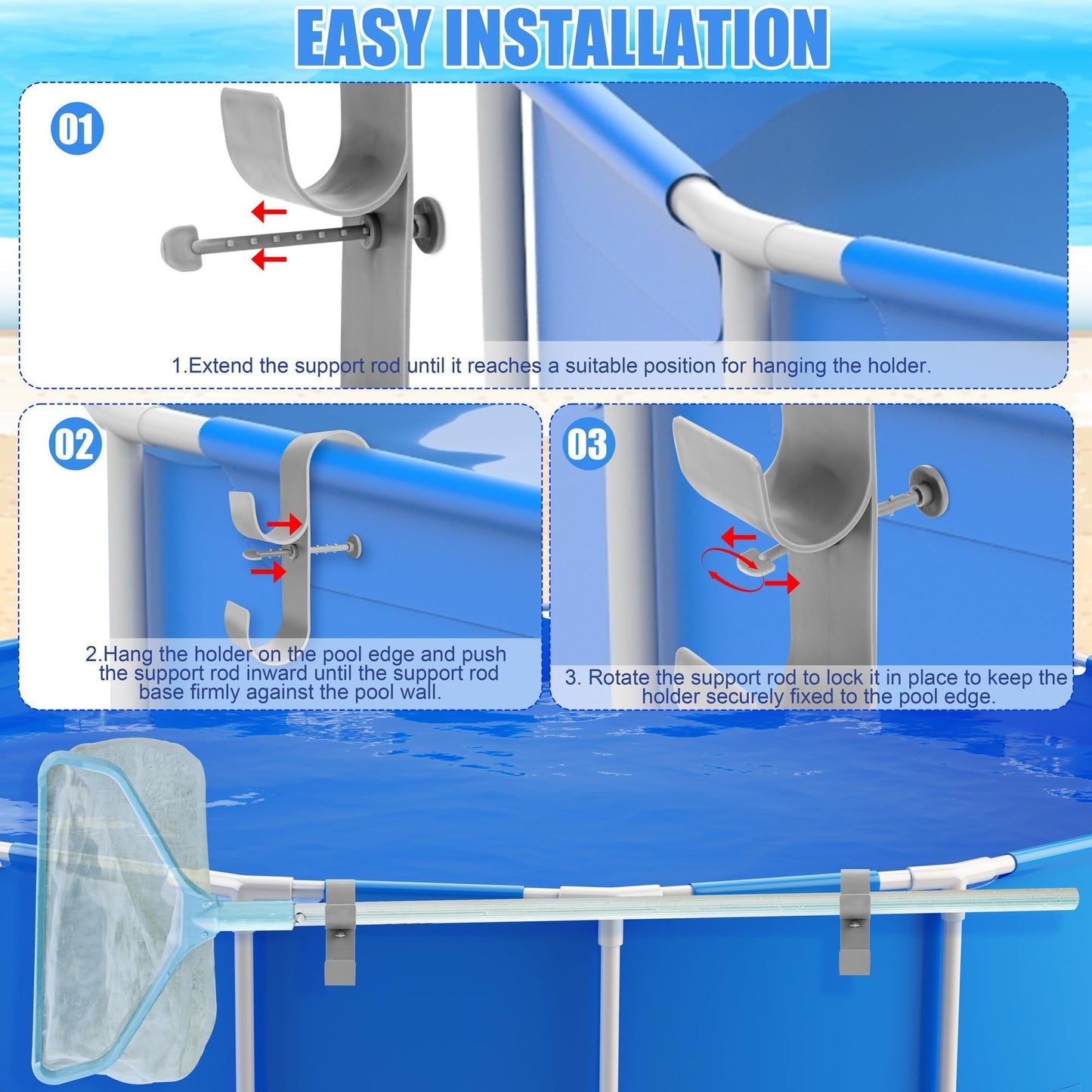 VWAERR 2 PCS Gray Poolside Pool Leaf Skimmer Net Holder Plastic Poolside Pool Pole Hanger Adjustable Telescopic Pole Hooks Brush Hanger Tools for Above Ground Pools