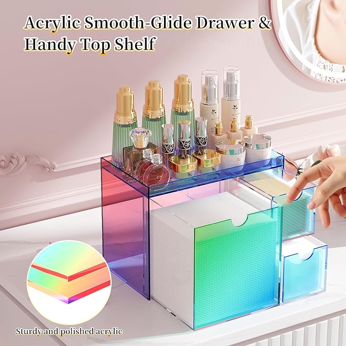 Youdepot Iridescent Acrylic Face Towel Holder with 3 Drawers, Disposable Face Towel Organizer for XL Facial Towels, Cotton Pads, Swabs, Skincare Tools, Bathroom Vanity Countertop Storage Box