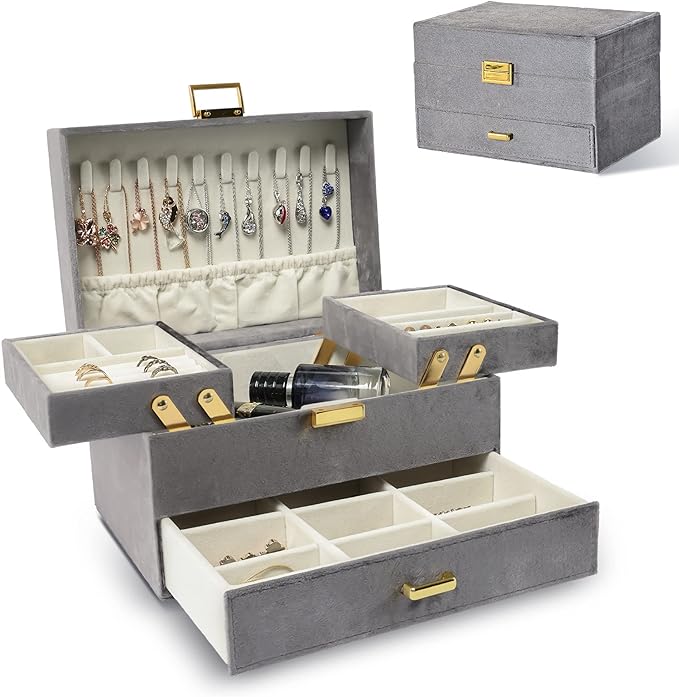 Dajasan Jewelry Organizer Box, Large Velvet Jewelry Boxes for Women Girls, Space-Saving 3 Layers Jewelry Storage Case with Drawer, Movable Metal Stand, Modern, Gift Idea (Grey)
