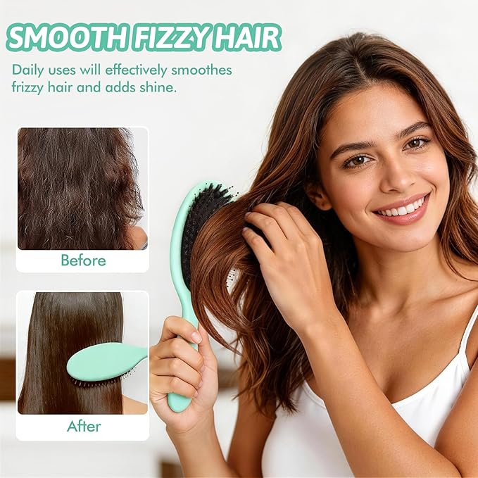 Boar Bristle Hair Brush for Women Men - Gentle Detangling Paddle Brush with Nylon & Boar Bristles, Smoothing, Massage & Shine, Reduces Frizz, for Curly, Thick, Thin, Wet or Dry Hair & Extensions