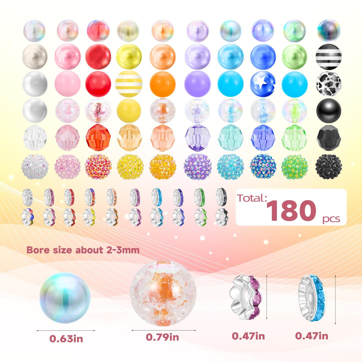 180 PCS Focal Beads for Pen Making, Include 100 PCS 20mm Rhinestone Beads 20 PCS 16mm Bubblegum Bead and 60 PCS Rondelle Spacer Bead, Perfect for DIY Pen Keychain Bracelets Jewelry