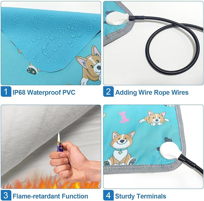 Dog Heating Pad 28×18 in Waterproof Heated Dog Bed,Smart Thermostat Switch with Normally Open On Function,Puppy Heating Pad with Metal Protective Tubes Added-Blue