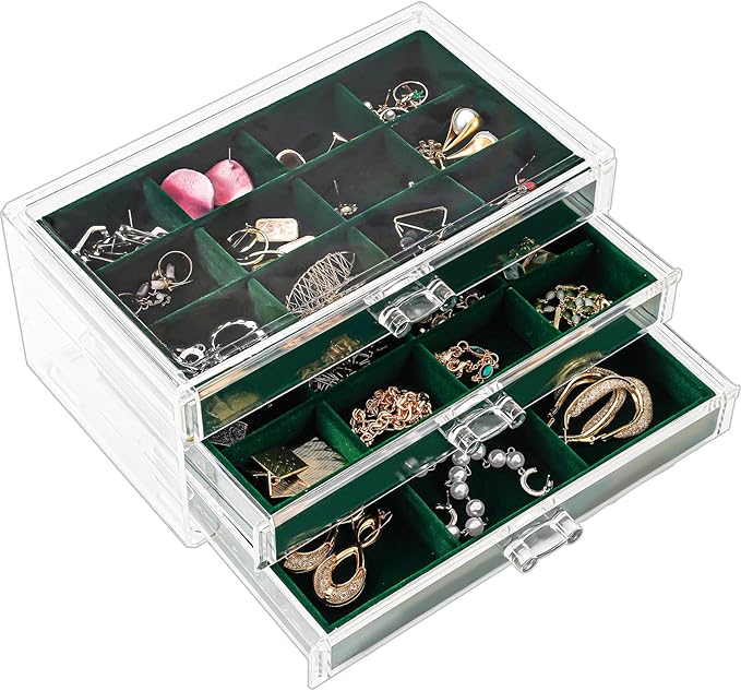 ProCase Earring Holder Organizer Jewelry Box with 3 Drawers, Acrylic Clear Earring Case with Adjustable Velvet Trays for Women - Emerald, 3 Layers