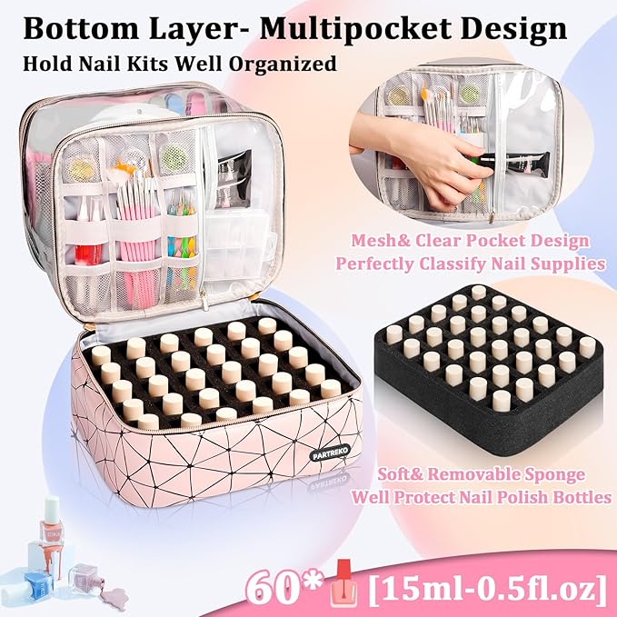Clear Nail Polish Organizer Holds 60 Bottles (15ml/0.5fl.oz)& Nail Lamp, Double Layer Nail Supplies Organizer Case Transparent, PU Leather Nail kit Storage Bag for Manicure Tools (Pink)