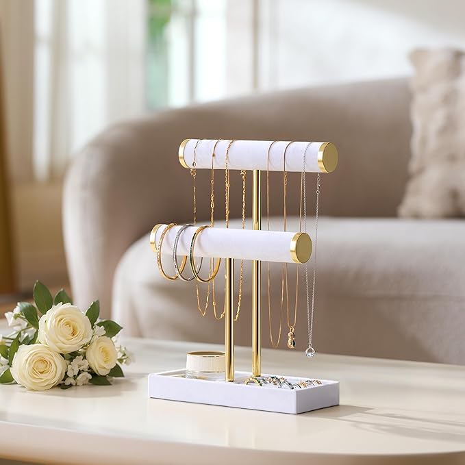 2 Tier Bracelet Holder Display - Detachable T Bar White Velvet Bracelet Holder, Jewelry Holder Organizer for Bracelet, Necklace, Earrings, Rings