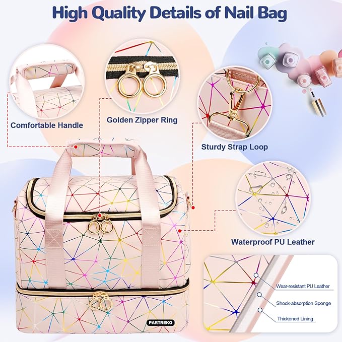 Nail Polish Organizer Holds 80 Bottles (15ml/0.5 fl.oz)& Nail Lamp, PU Leather Nail Organizers and Storage Bag with Shoulder Strap, Portable Nail Supplies Kit Organizer Carrying Case (Pink)