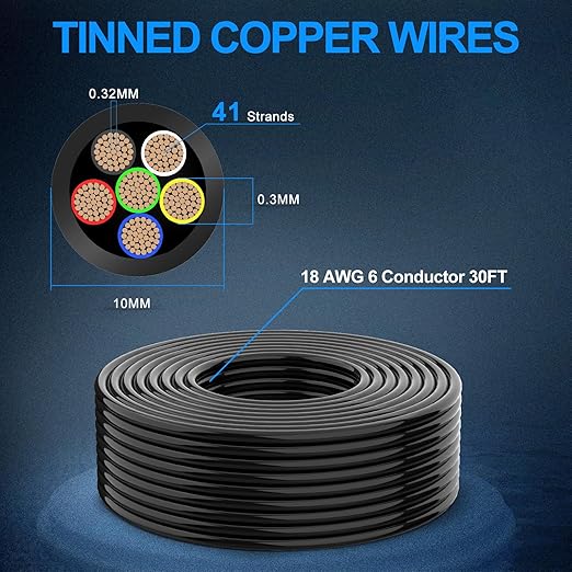 NAOEVO 18 Gauge Wire 6 Conductor Electrical Wire, 18 AWG Stranded PVC Cord, 12V Low Voltage/Tinned Copper/Flexible Cable for Automotive Wiring, Lamp Cord, Marine Cable (30FT)