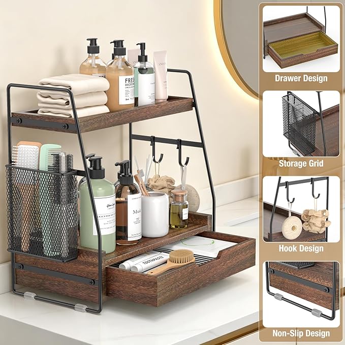 2-Tier Bathroom Counter Organizer with Drawer & Removable Basket, Wood & Metal Vanity Organizer for Skincare, Makeup, Perfume, Toiletries, Small Bathroom Counter Shelf, 13'' Rustic