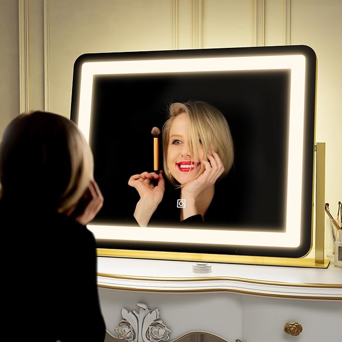 ROLOVE Gold Vanity Mirror with Lights - Smart Touch Dimming, 3-Color Lighting, 360° Rotatable Desktop Makeup Mirror for Desk, 22"x17"