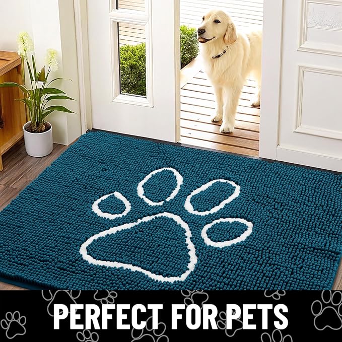 Smiry Dog Door Mat for Muddy Paws, Absorbent Dirt Trapper Non Slip Quick Dry Washable Chenille Mat for Mud Dogs, Entry Rug for Indoor and Outdoor (24x16 Inches, Atlantic Blue and White)
