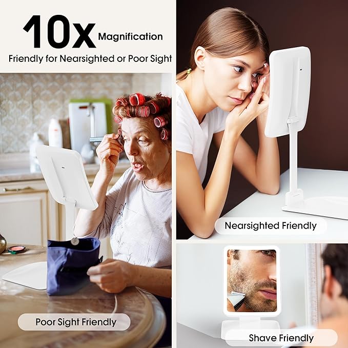 Travel Makeup Mirror with Lights and Magnification 10X, Upgraded Triple-Fold Portable Magnifying Mirror, Adjustable Height/Angle Desk Mirrors with 3-Color Dimmable LED Vanity Mirror, White