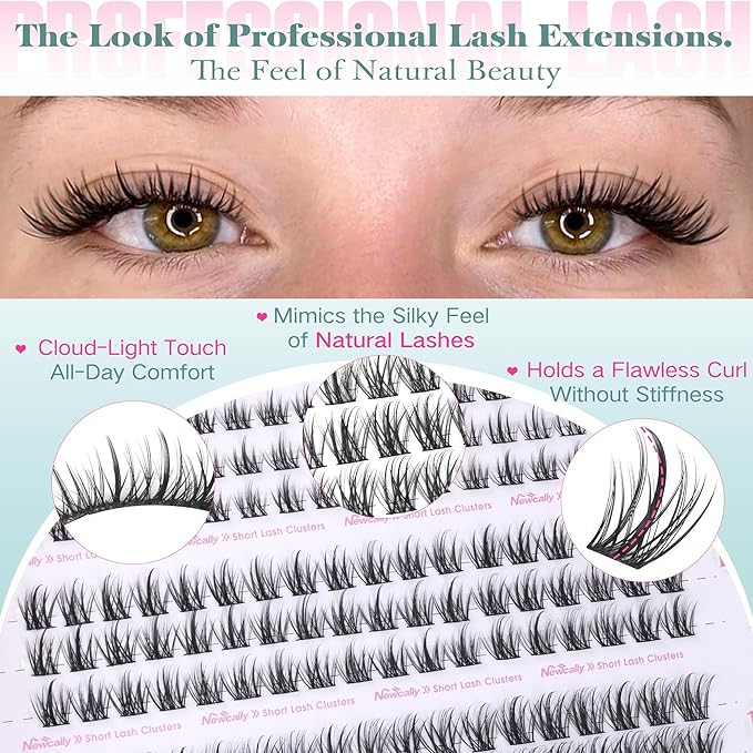 Short Lash Clusters Natural Wispy 8-12MM Eyelash Clusters Eyelash Extension Kit CD-Curly Individual Lashes Kit DIY Lash Extension at Home Long-lasting Effect by Newcally