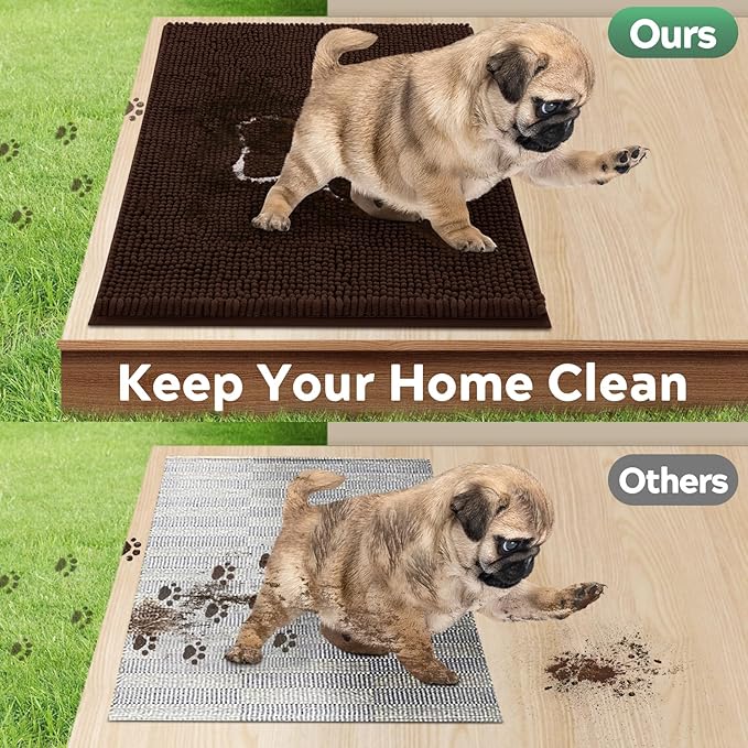 Dog Door Mat for Muddy Paws, Pet Rug Chenille Absorbent Outdoor Doormat 36"x 24", Non Slip Heavy Indoor Doormat Soft Front Inside Doormats for Entryway, Mud Paws, Patio,Dog Paw Brown