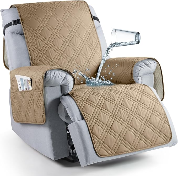 TAOCOCO 100% Waterproof Recliner Chair Covers, Non Slip Recliner Covers for Recliner Chair with Pocket, Washable Reclining Chair Cover Furniture Protector for Kids,Dogs(25'', Camel)