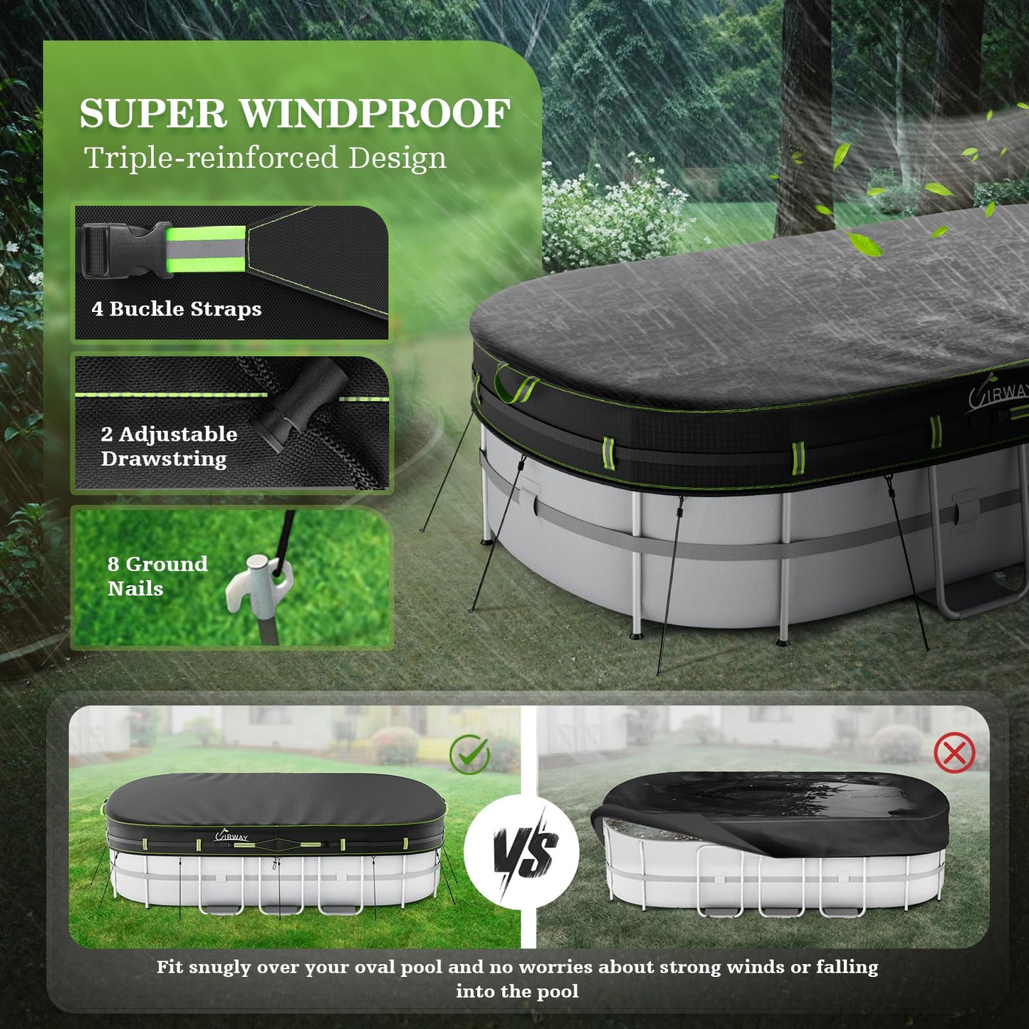 UIRWAY 12x24 FT Oval Pool Cover with Reflective Strips for Above Ground Pool, Oval Solar Pool Cover Including Windproof Rope Tie and Luminous Ground Nails, Swimming Pool Cover with 2 Handles