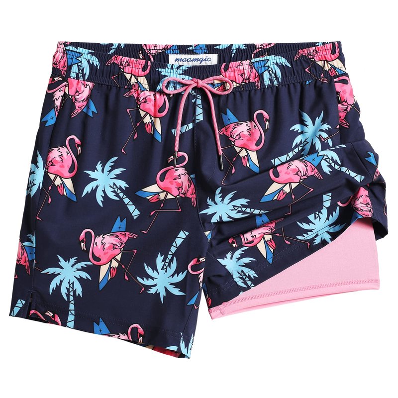 maamgic Mens Swim Trunks with Compression Liner 5 Inch, Quick Dry Bathing Suit with Zipper Pockets, Stretch No-Chafing Swim Shorts, Navy-Flamingo Palm Large