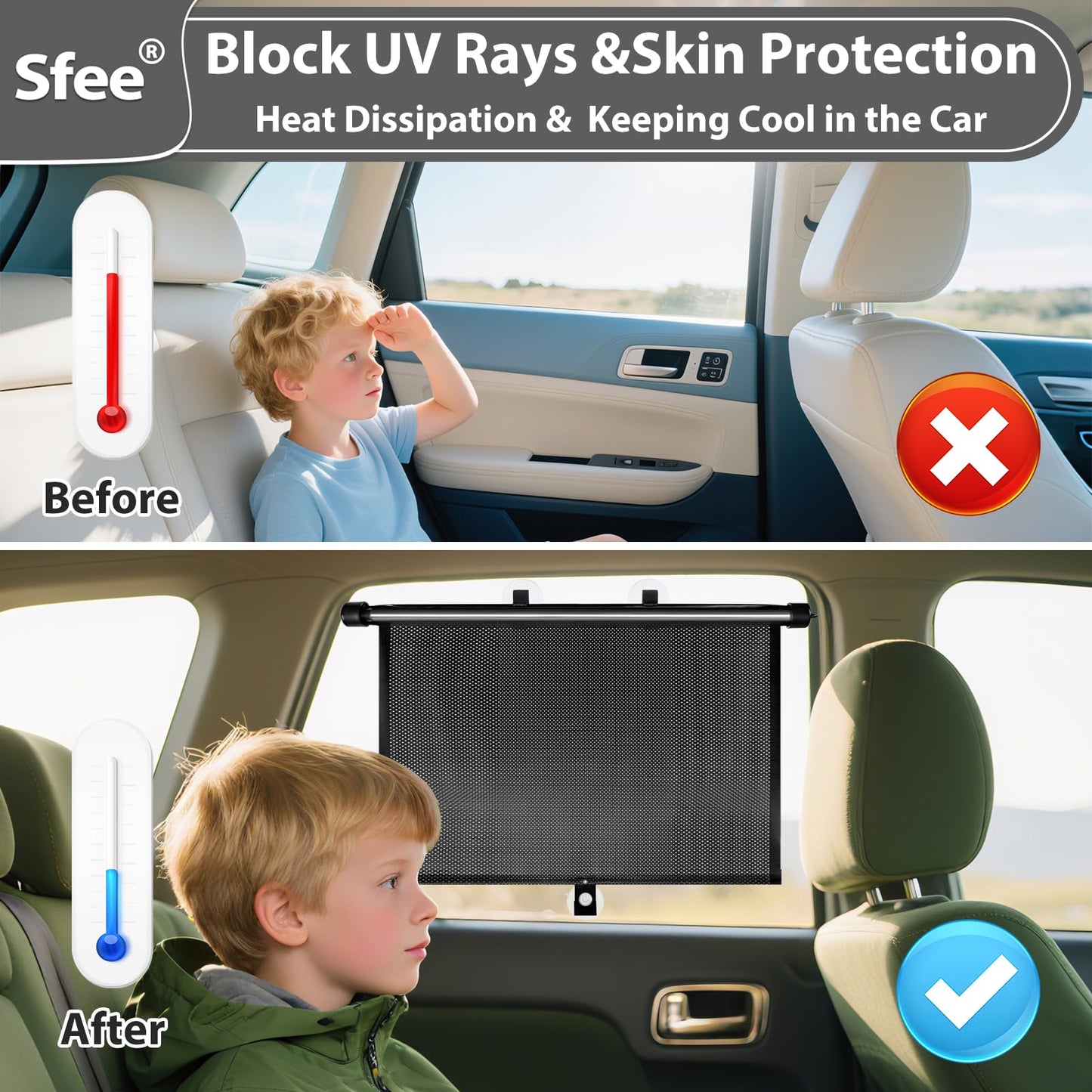 Sfee Car Window Shades for Baby-2 Pack Retractable Side Window Car Sun Shade Blocks UV Rays & Heat for Sun Protection Roller Sunshade Visor Window Shade for Kids,Passengers,Pets (20''x22'')