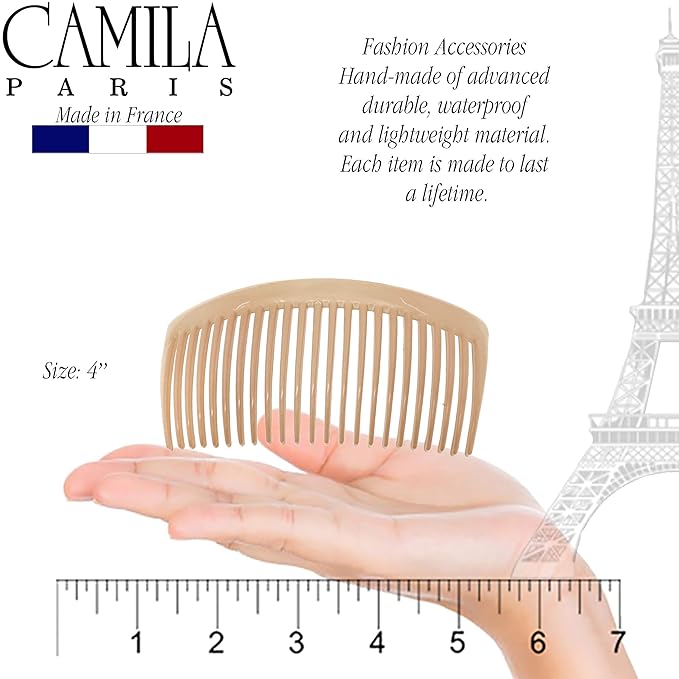 Camila Paris CP3022 French Side Combs Large Curved, Beige French Twist Hair Combs Decorative, Strong Hold Hair Clips for Women Bun Chignon Up-Do, No Slip Styling Girls Hair Accessories, Made in France