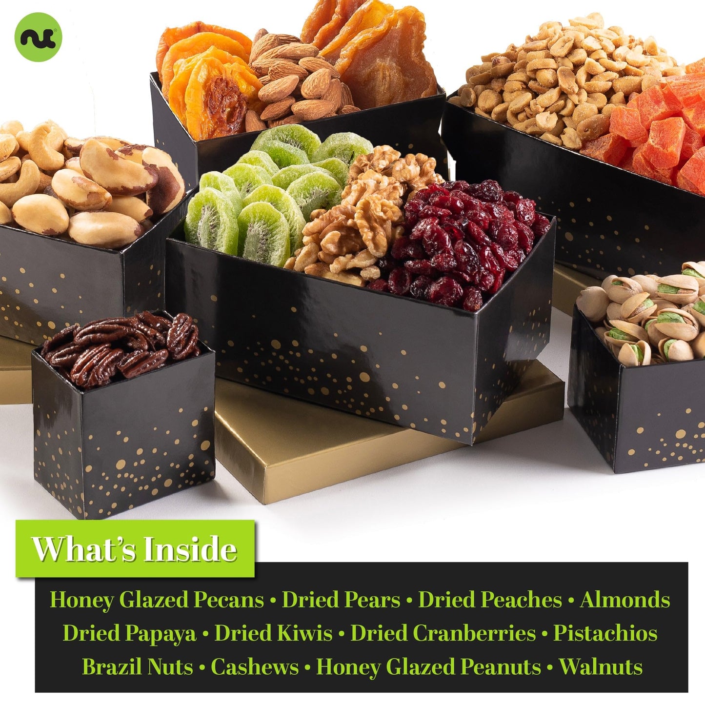 NUT CRAVINGS - Mixed Nuts Gift Basket Black Tower + Heart Ribbon (12 Assortments) Food Arrangement, Healthy Snack Care Package, Food Assortments