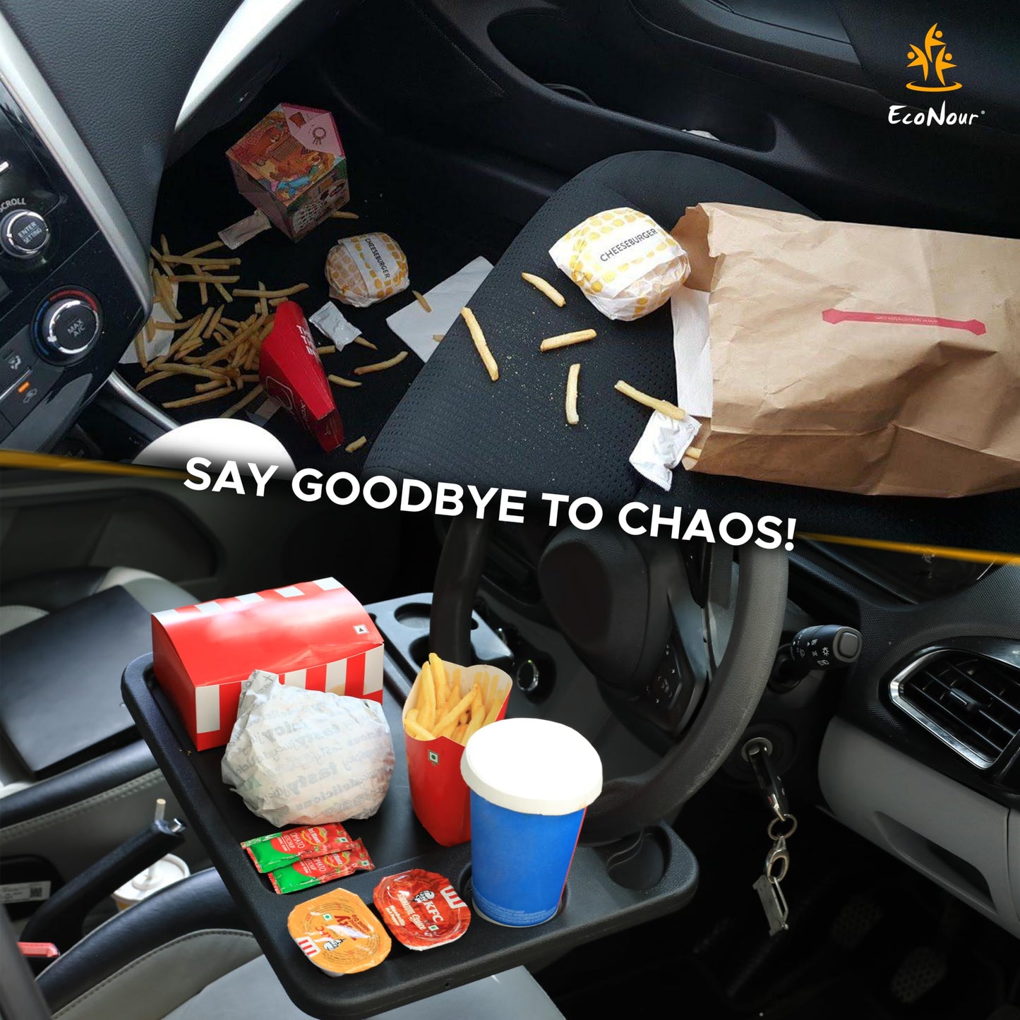 EcoNour 4 in 1 Car Steering Wheel Tray - 2026 Upgraded Tray with Dual Sauce Dip Holder and Tablet Holder | Spacious Steering Wheel Desk for Food and Laptop | Car Accessories (Large)