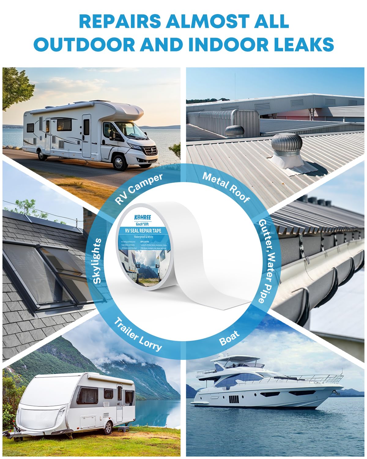 Kohree RV Sealant Tape, 2 Inch x 50 Foot RV Roof Tape White Waterproof Seal Tape UV & Weatherproof Sealant Roofing Tape for RV Repair, Window, Boat Sealing, Truck Stop Camper Roof Leaks