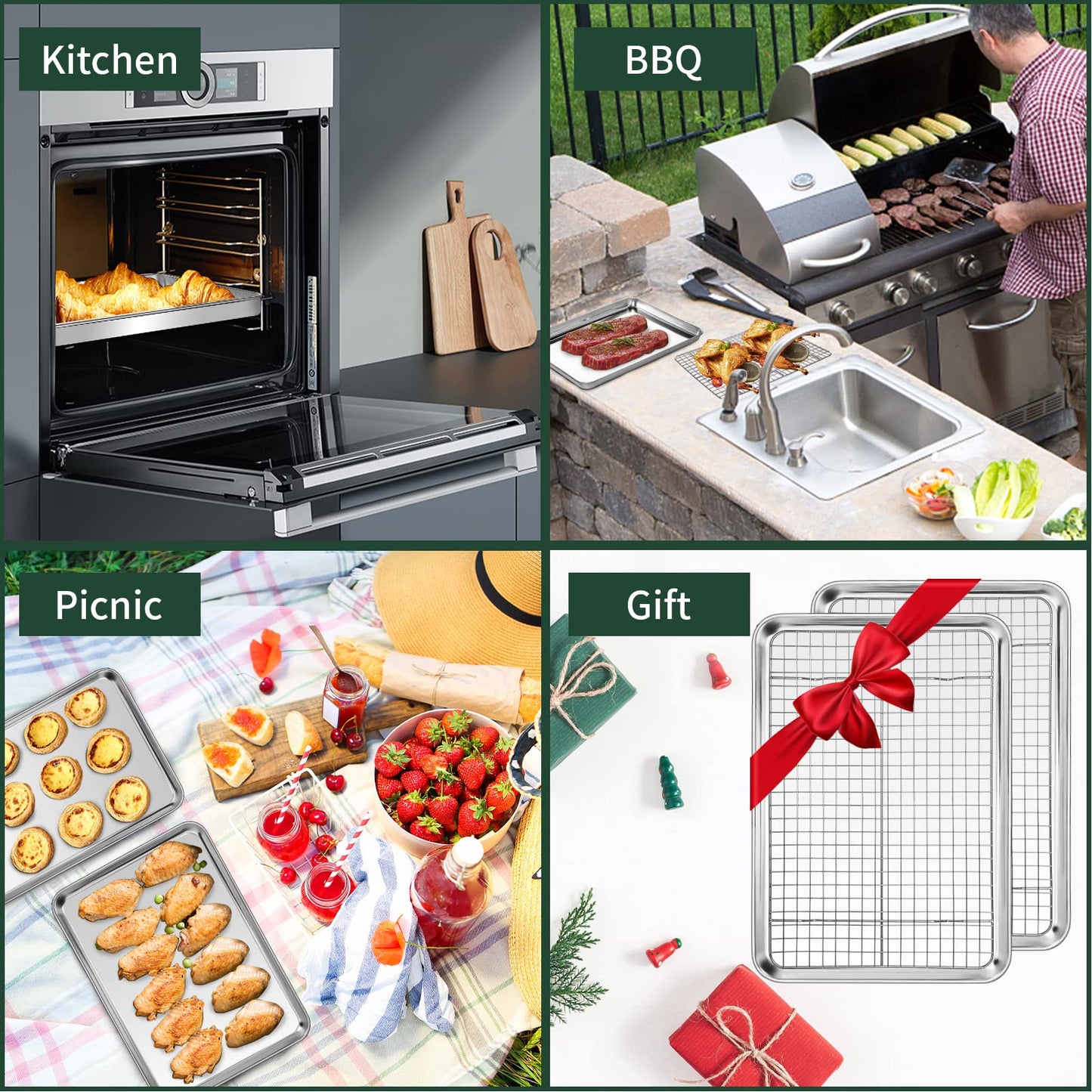 Small Baking Sheet with Rack Set [2 Small Cookie Sheets + 2 Small Baking Racks], CEKEE Stainless Steel Small Baking Pan and Grill Rack - Rust & Warp Resistant & Nonstick, Size 9.33 x 6.96 x 1 Inch