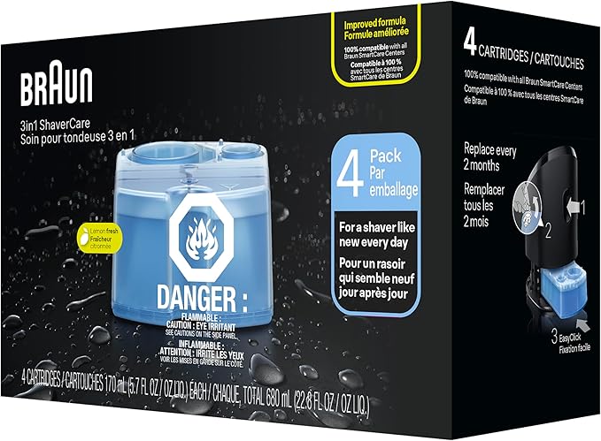 Braun Clean & Renew Refill Cartridges CCR, Replacement Shaver Cleaner Liquid Solution for Clean&Charge System, Pack of 4