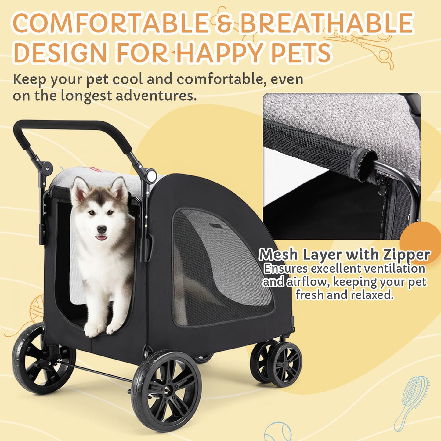 Danrelax Large Pet Stroller for Large & Medium Dogs, 77 lb Capacity, 12" All-Terrain Shock Absorbing Wheels, Waterproof 600D Grey Linen, Heavy-Duty Extra Large Pet Pram, Foldable Travel Stroller