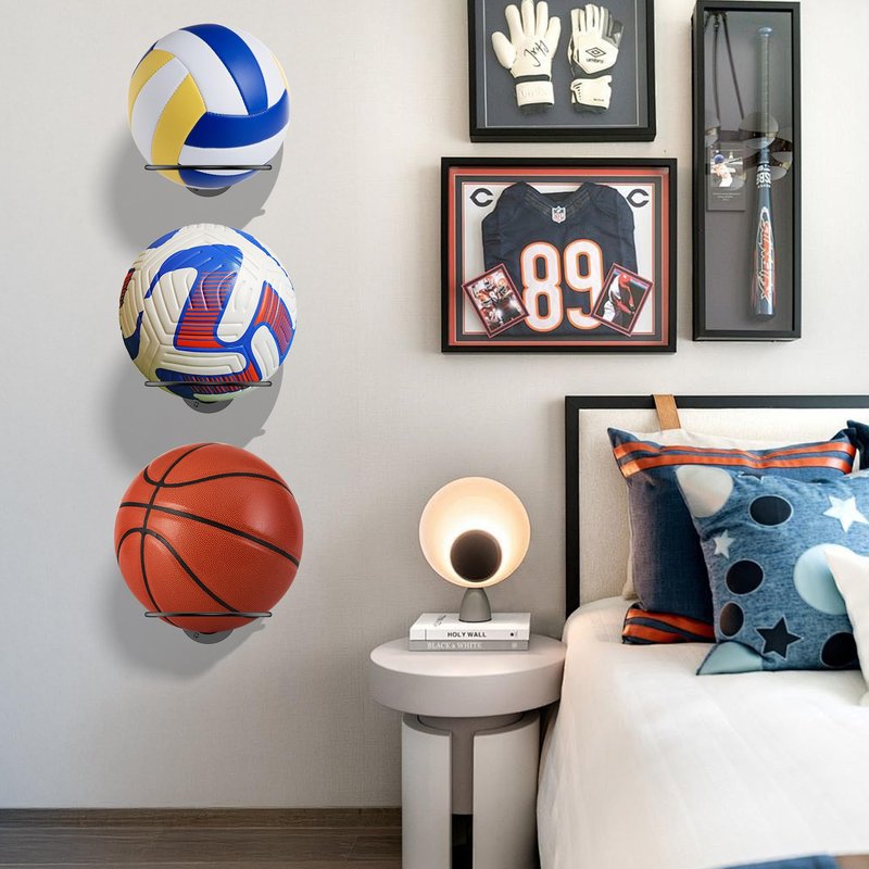 Suchek Metal Ball Holder Rack Wall Mounted, Display Wall Storage for Soccer, Basketball, Volleyball, Rugby, Football (2 Pieces, Black)