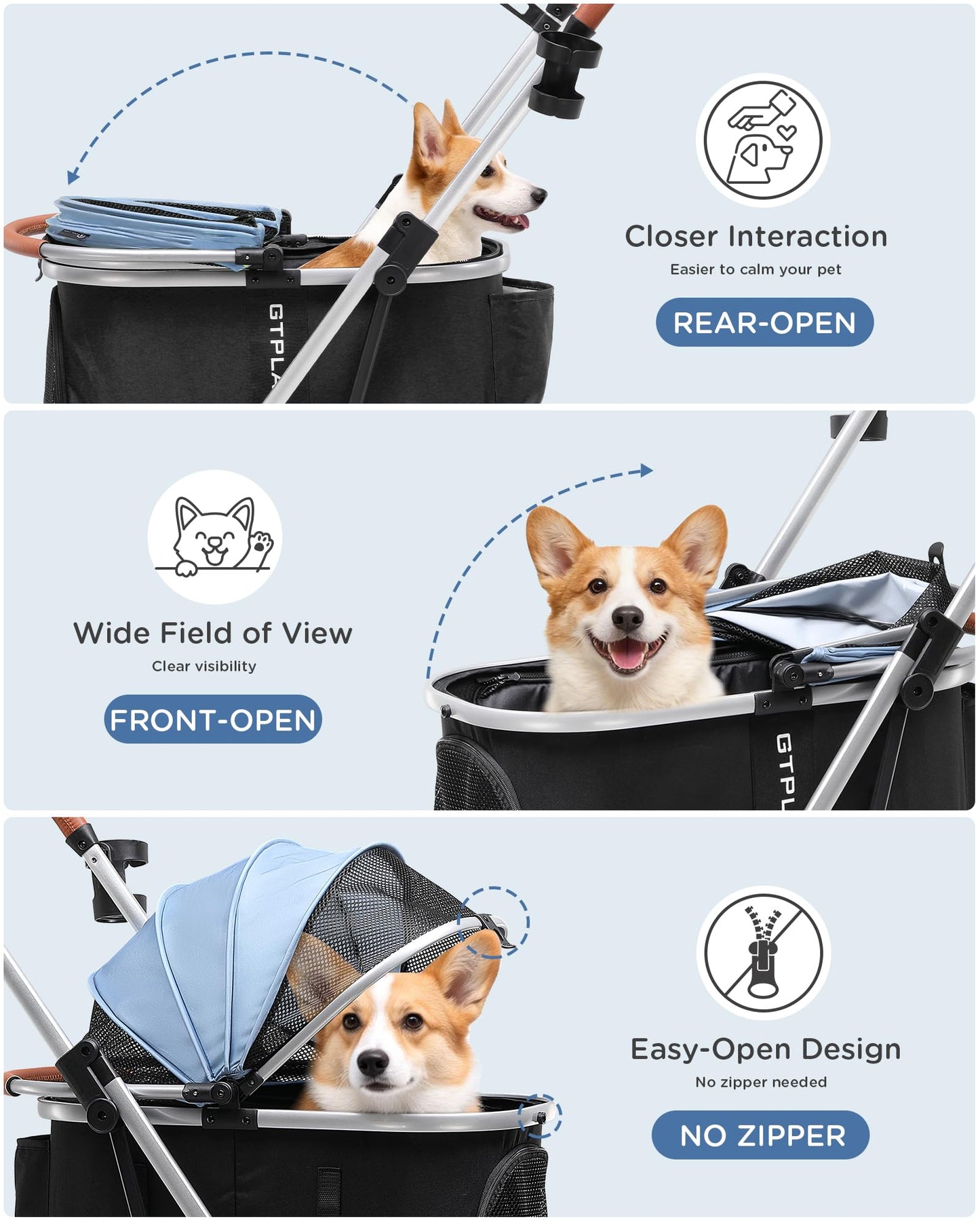 GTPLAYER Pet Stroller for Small Dogs and Cats, One-Click Foldable, Detachable Carrier, Breathable Mesh, 45 lbs Capacity, 2 Safety Leashes, Storage Basket & Cup Holder, Light Blue