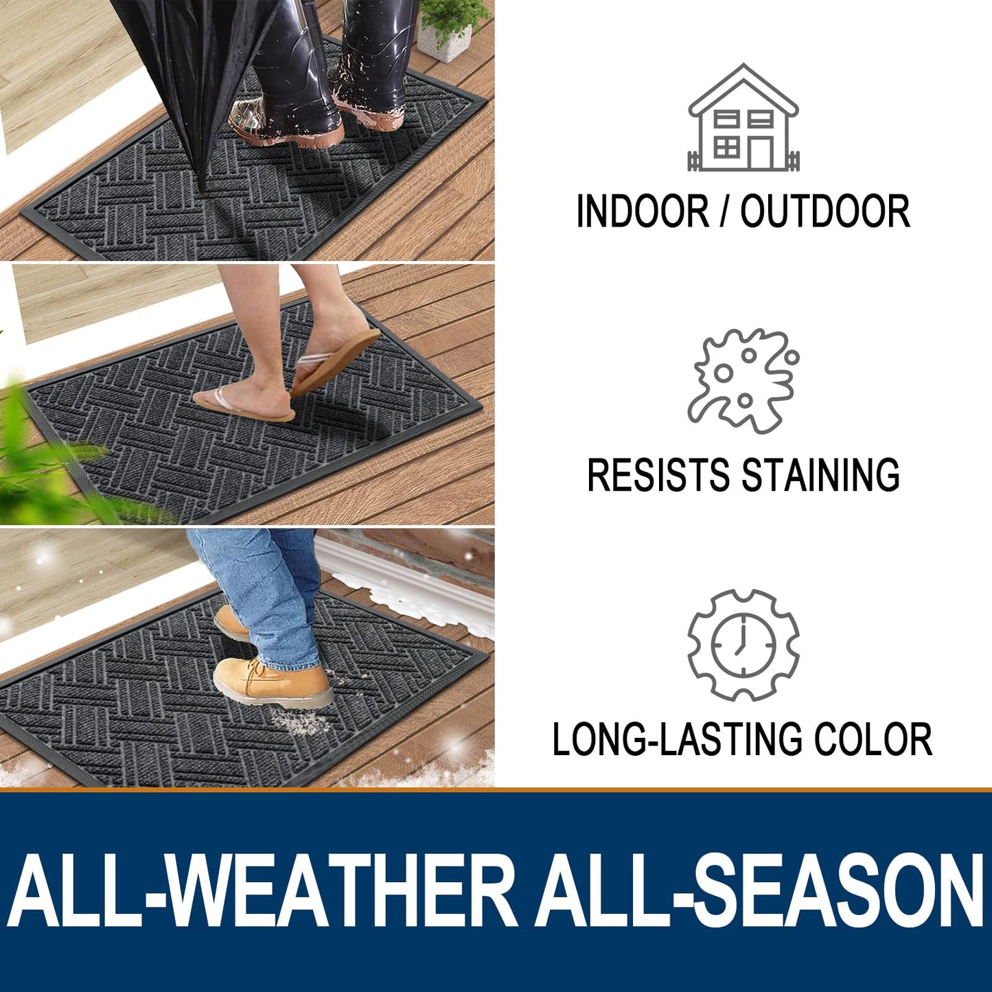 OLANLY Indoor Outdoor Mat, Sturdy Natural Rubber Floor Mat, Non Slip Low Profile Waterproof Doormat, and Stain Front Door Mats, Easy Clean Patio Entrance Mat, 36''x24'', Grey