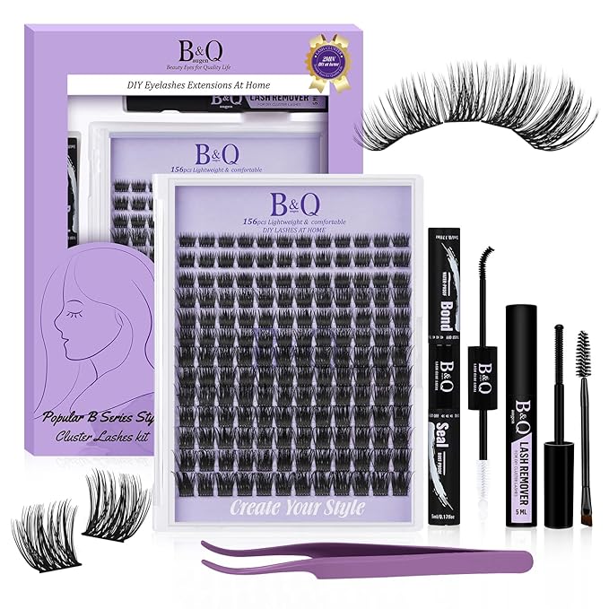 B&Q Wispy Lash Clusters Kit B42, DIY Lash Extension Kit 156PCS Eyelash Extension Kit, Soft Natural Lash Clusters 8-18MIX D Curl Lash cluster, Thin Black Band Cluster Eyelash Extensions (B42 Set)